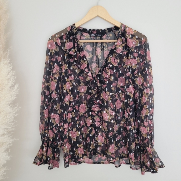 Sheer floral zara blouse size L - Picture 2 of 4